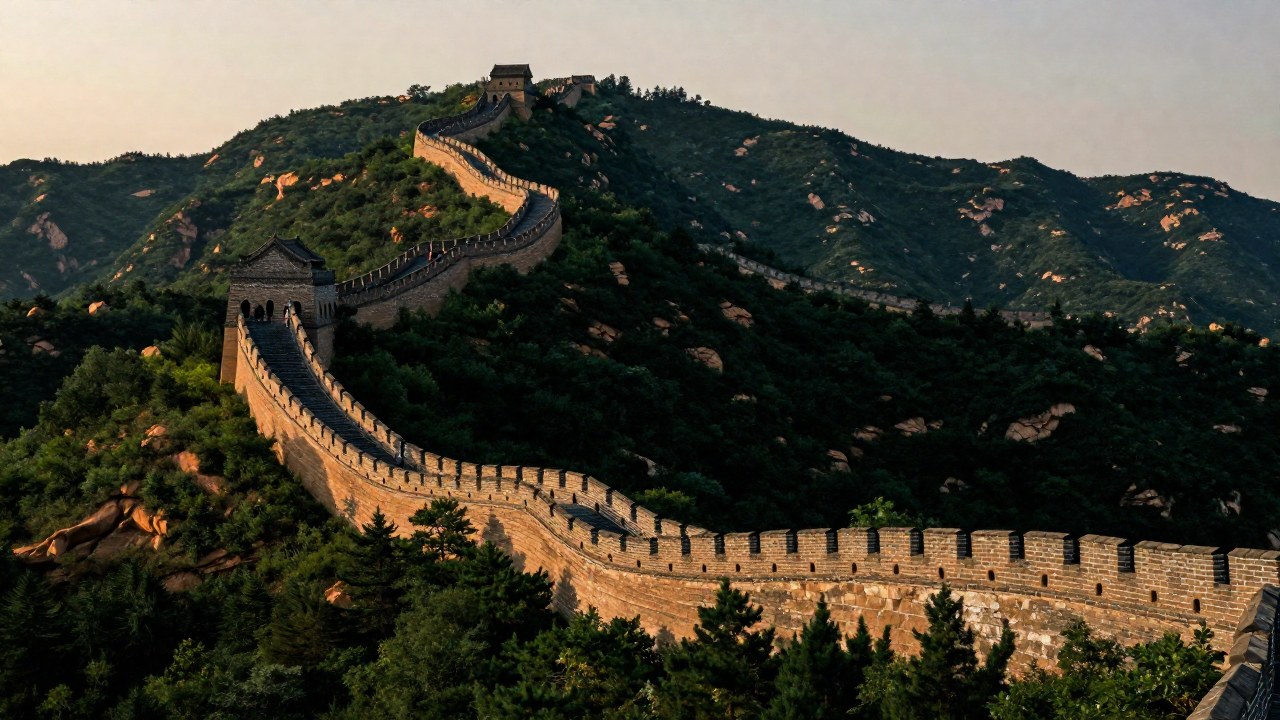 La Gran Muralla de China serpentea por montañas boscosas, con figuras humanas caminando a lo largo de su antiguo camino.