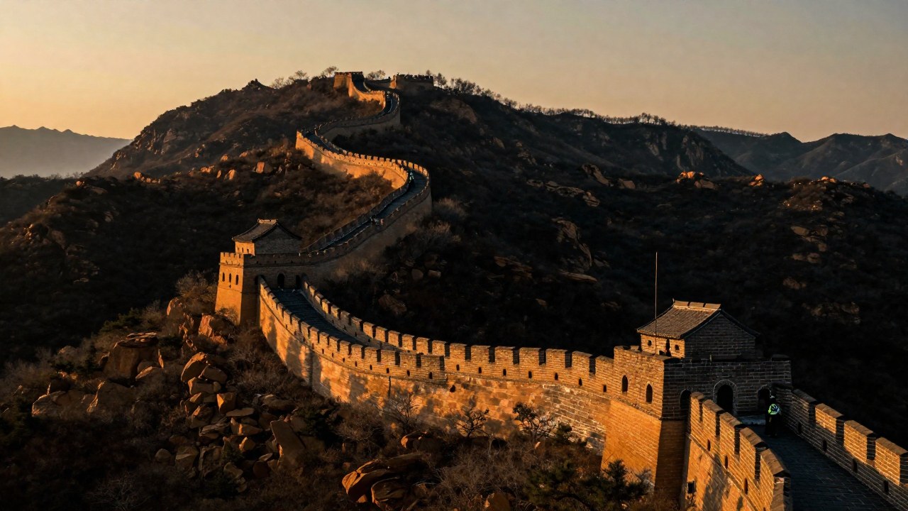 La Gran Muralla China serpentea por montañas, con figuras uniformadas observando el territorio.