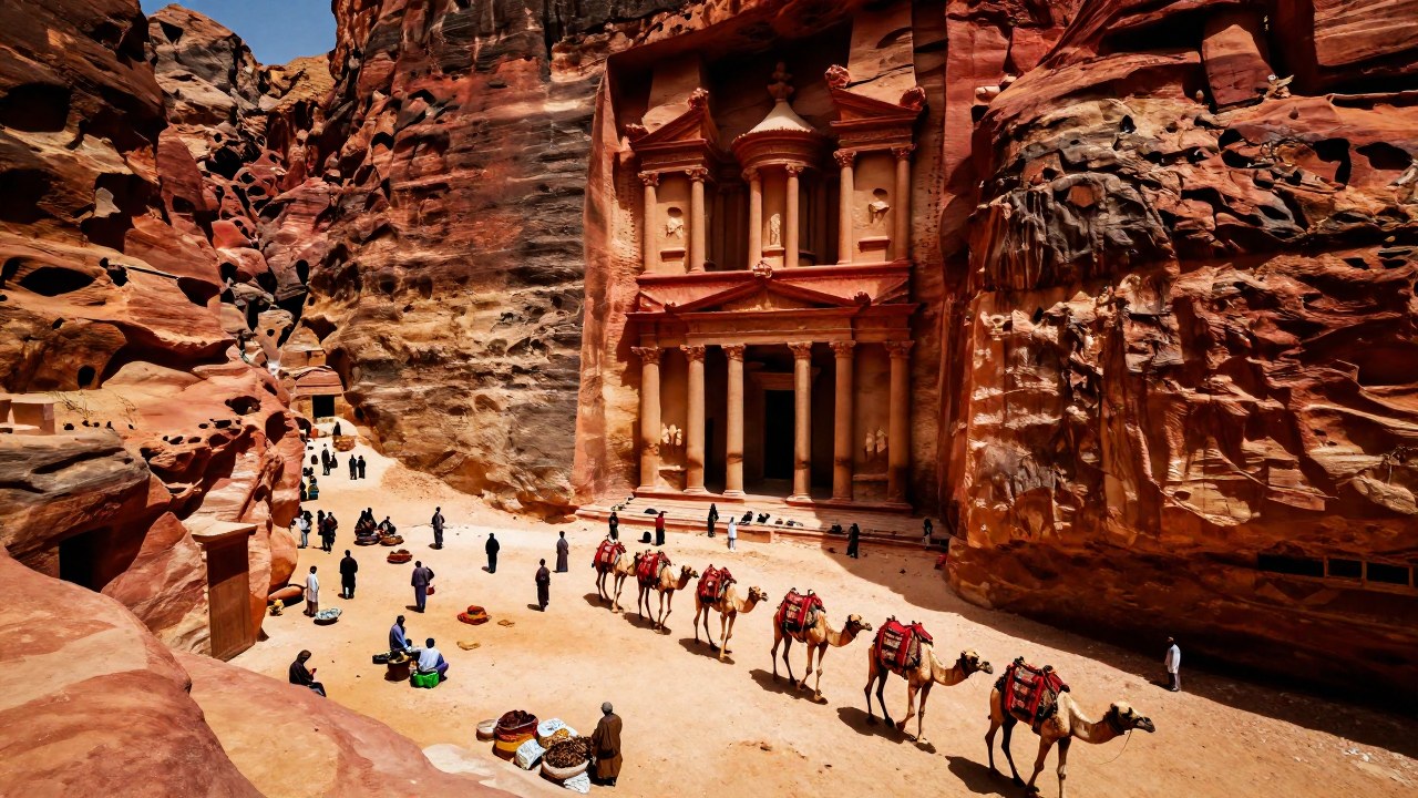 Caravana de camellos y burros comerciando en una ruta antigua de Petra, rodeada de mercaderes.