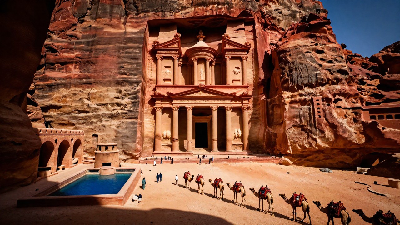 Caravana de mercaderes en Petra, ilustrando la ruta comercial y la infraestructura vital de gestión de agua.