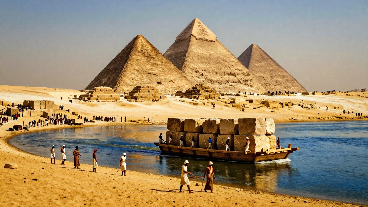 Barcas en el Nilo transfieren enormes bloques de piedra a trabajadores que construyen las Pirámides de Giza.
