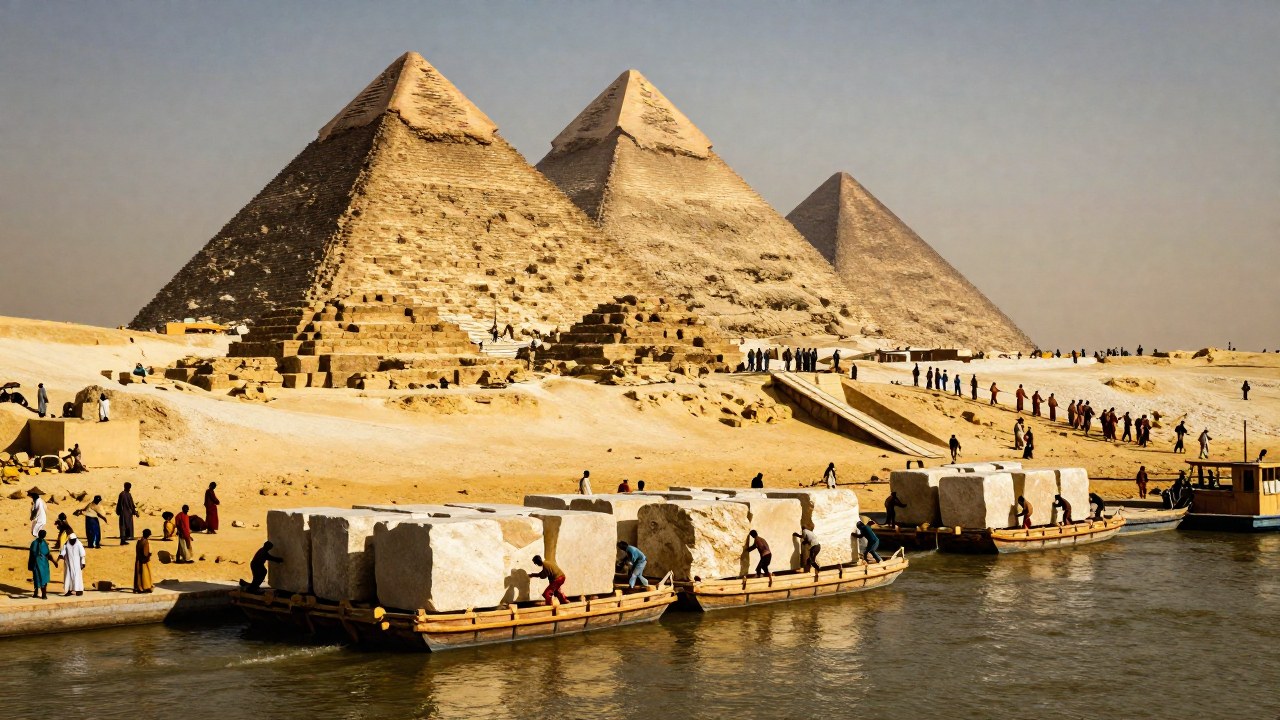 Obreros moviendo bloques gigantes de piedra desde barcazas río arriba para la construcción de las pirámides de Giza.
