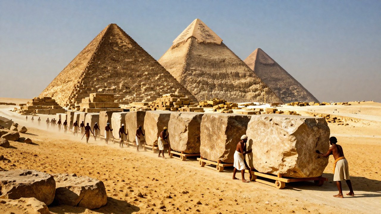 Obreros antiguos coordinados manejan bloques colosales durante la construcción de las pirámides de Giza.