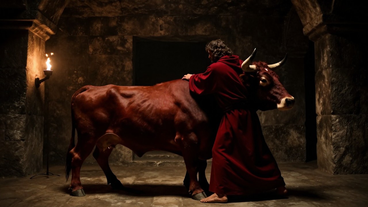 Hombre encapuchado realiza un ritual con un toro potente en la cámara subterránea.