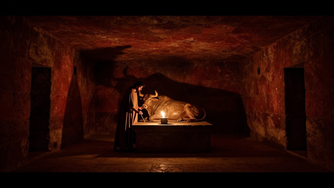 Figura en un templo Mithraico subterráneo realiza un rito simbólico cerca de un toro sobre un altar de piedra.
