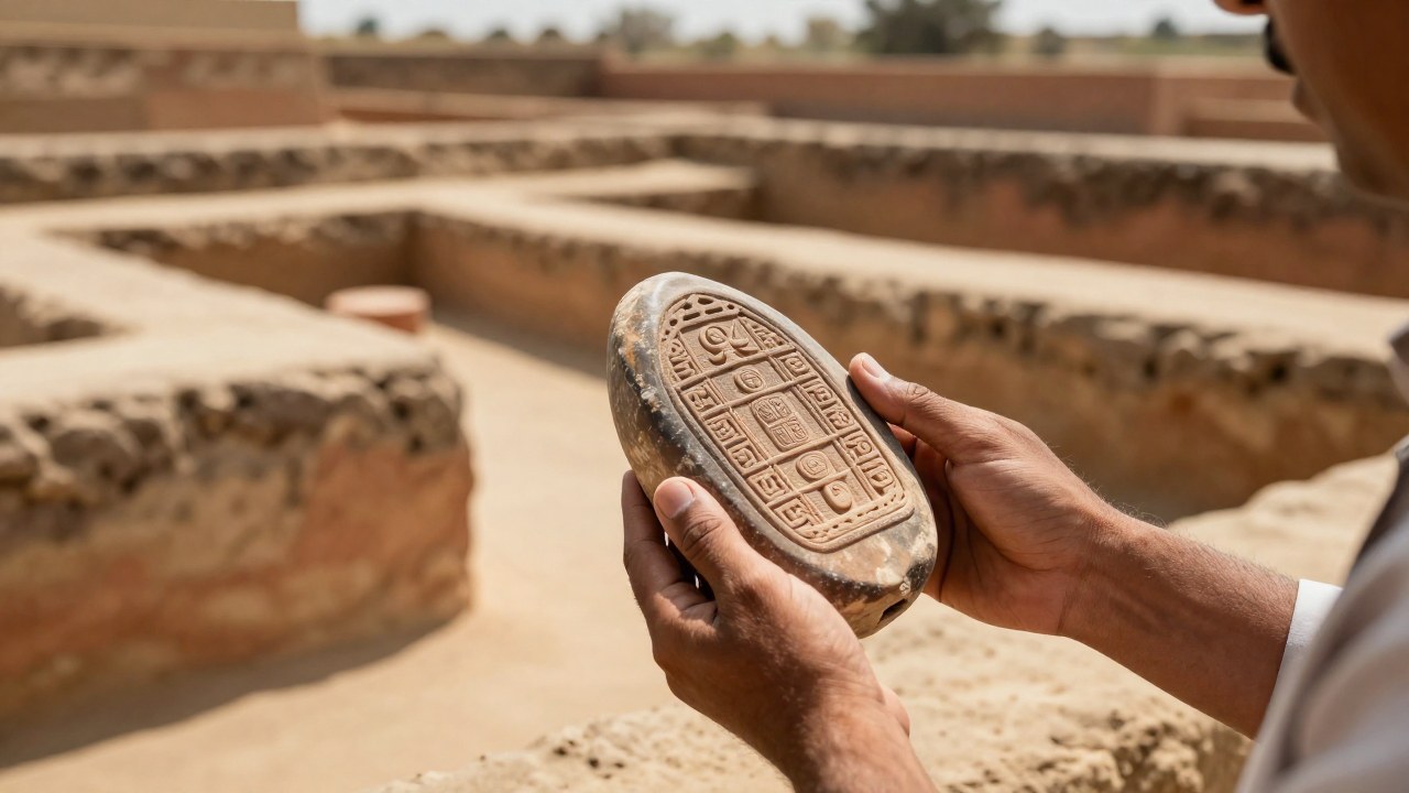 Arqueólogo examina un sello de estearita de la Civilización del Indo en un sitio de excavación de Mohenjo-Daro.