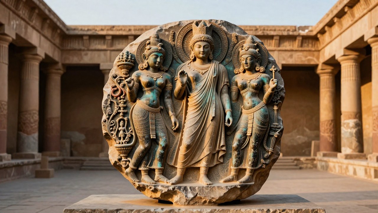 Fragmento de estatua monumental que muestra la síntesis cultural kushana, situada en el patio de una ruina antigua.
