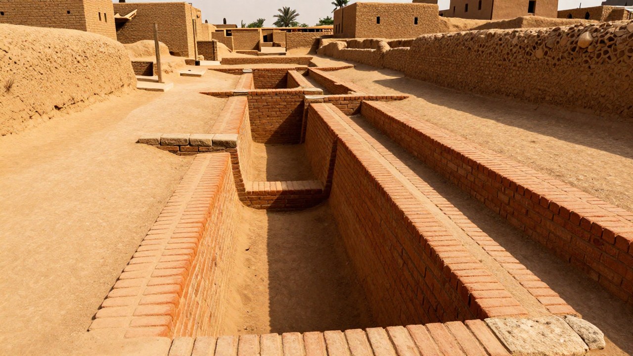Canal de drenaje de ladrillo en Mohenjo-Daro, mostrando la ingeniería avanzada de la ciudad antigua.