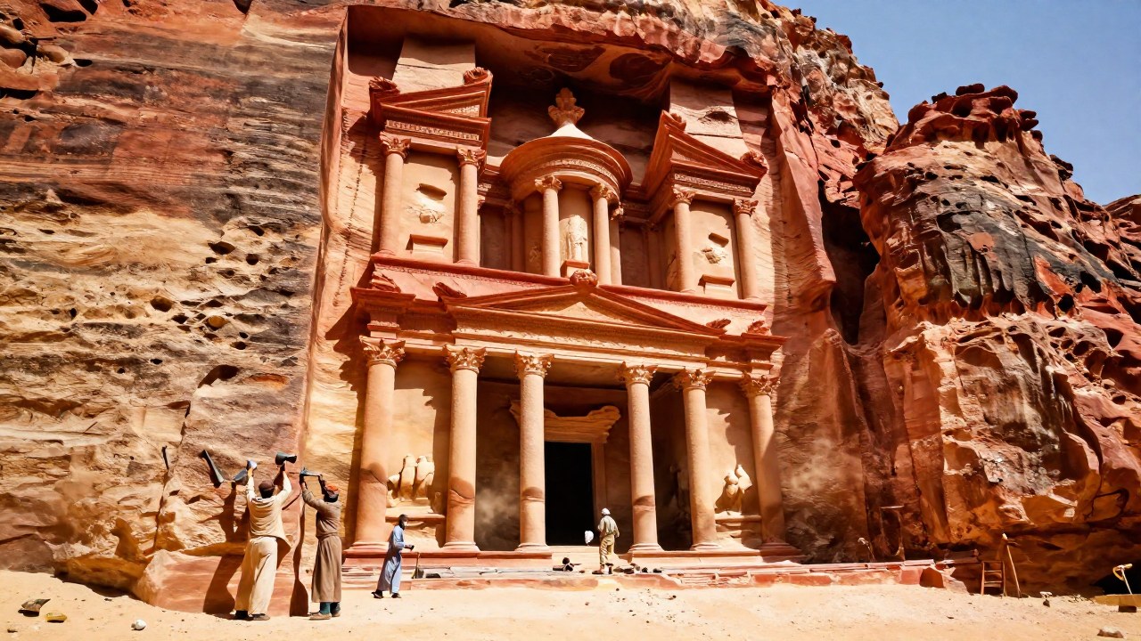 Artisanos tallando fachadas monumentales en la roca arenisca dentro de Petra.