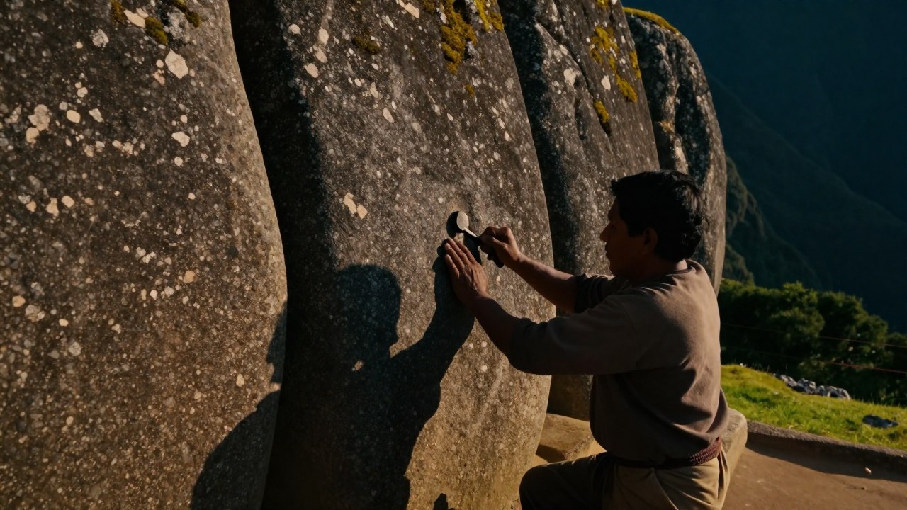 Cantero inca en Machu Picchu trabaja meticulosamente tallando bloques de piedra con un cincel primitivo.