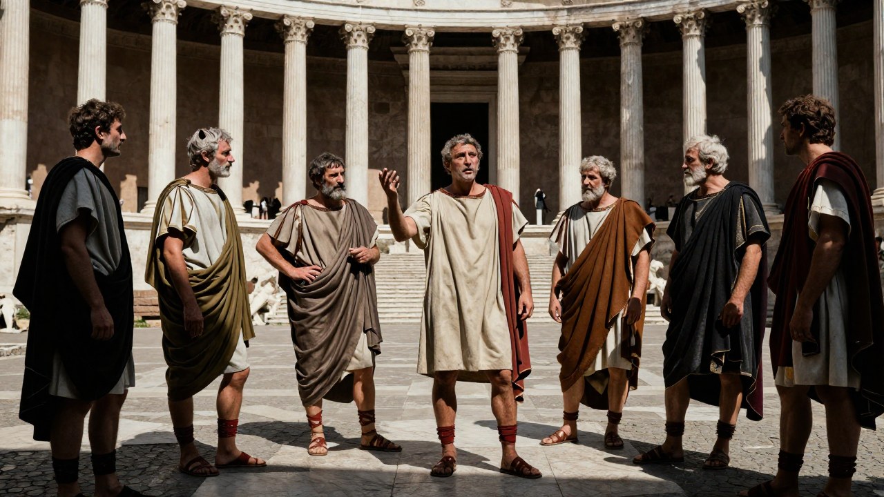 Un ciudadano plebeyo debate en el Foro Romano con un grupo de figuras senatoriales, evidenciando su influencia política.