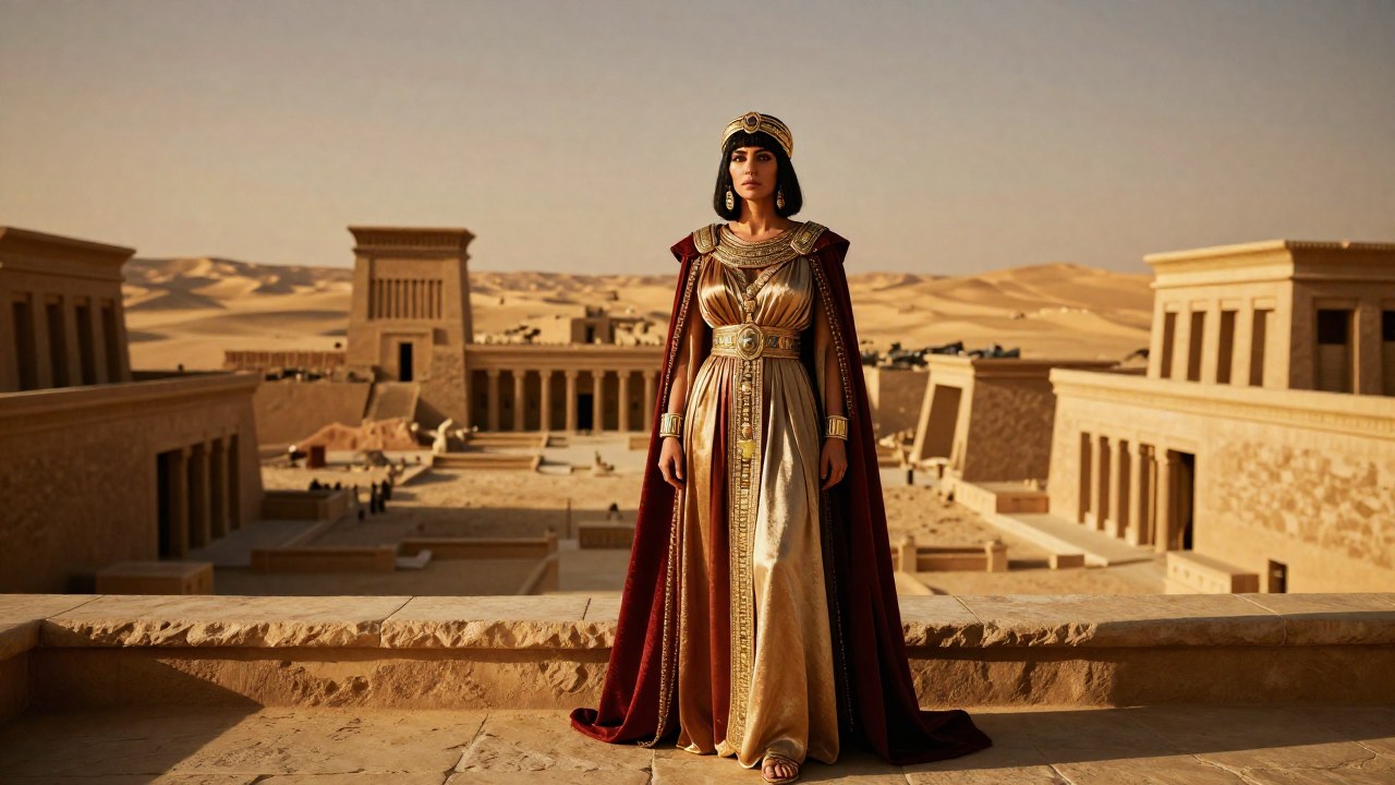 Reina Zenobia, del Imperio Palmireo, se encuentra en una terraza con vistas a su vasto dominio desértico.