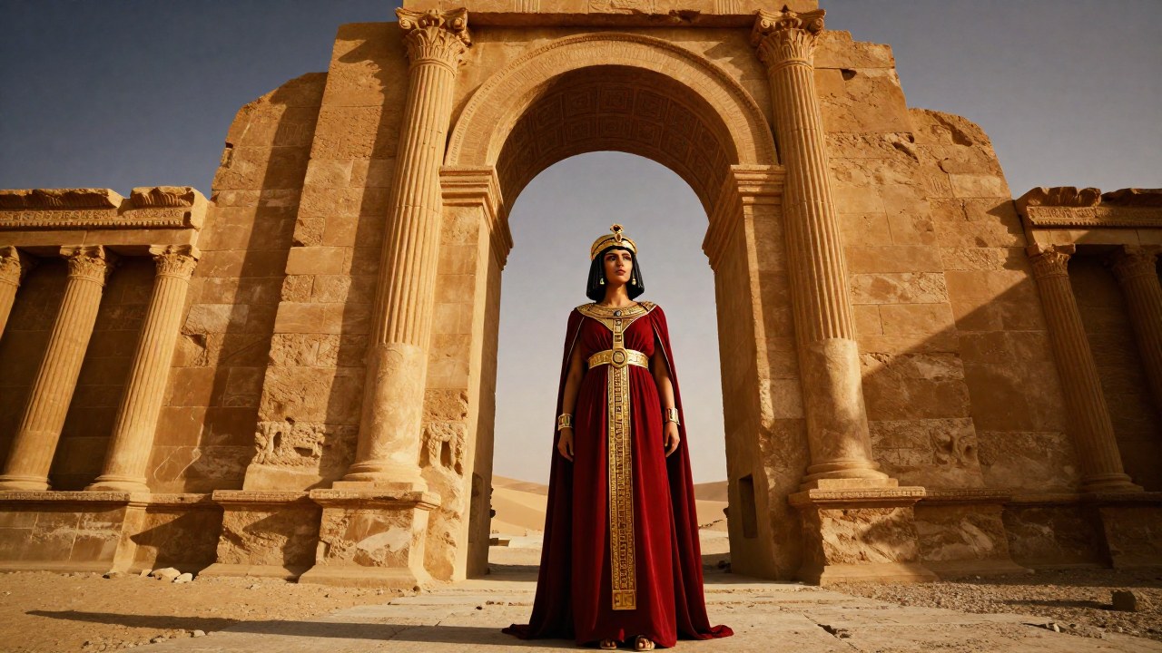 Reina Zenobia posa en la arquitectura de Palmira, mirando un vasto paisaje desértico que simboliza su imperio.