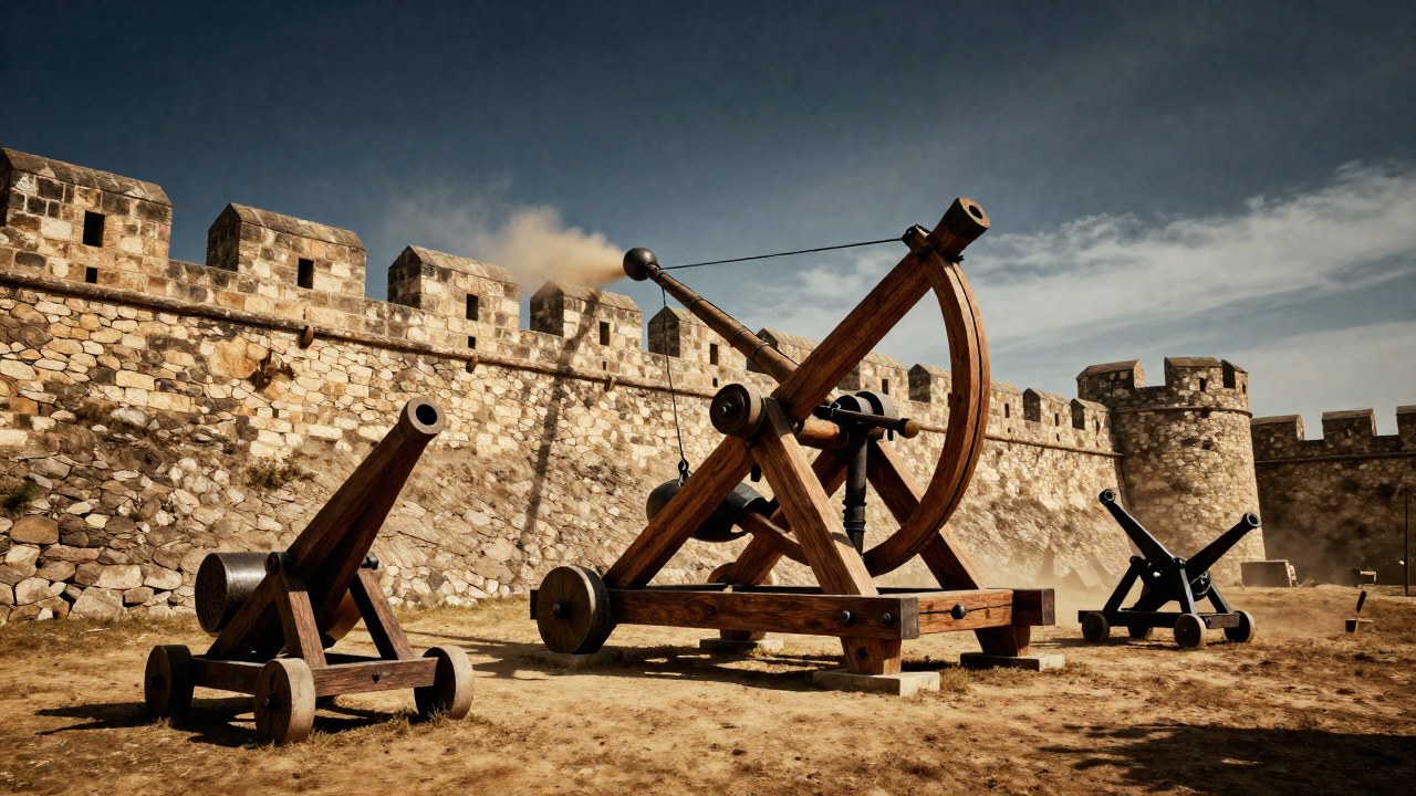 Ballista y armas de asedio romano disparan proyectiles contra una fortificación durante un asedio histórico.